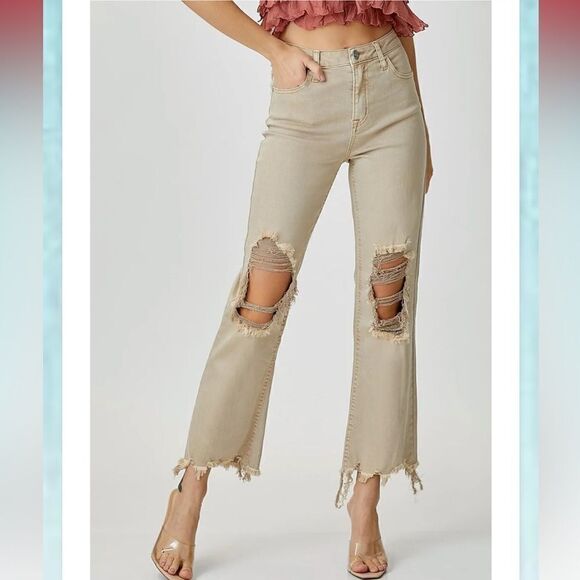Risen Denim - RISEN LOS Angeles Sand High Rise Distressed Straight Leg Jean Raw Hem 7/28 NEW